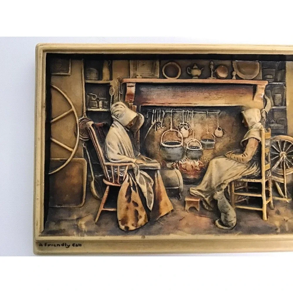 VTG Arthur Osborne Ivorex Wall Plaques A Friendly Call/The Old Folks at Home 3D